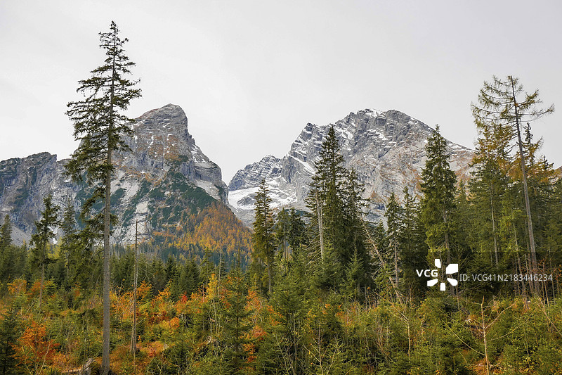 从 Kührointalm 俯瞰 Großer Watzmann（右）和 Kleiner Watzmann（左），中间是 Watzmannkar 和 Watzmann 冰川，巴伐利亚最后的冰川之一，位于德国巴伐利亚的贝希特斯加登国家公园。图片素材