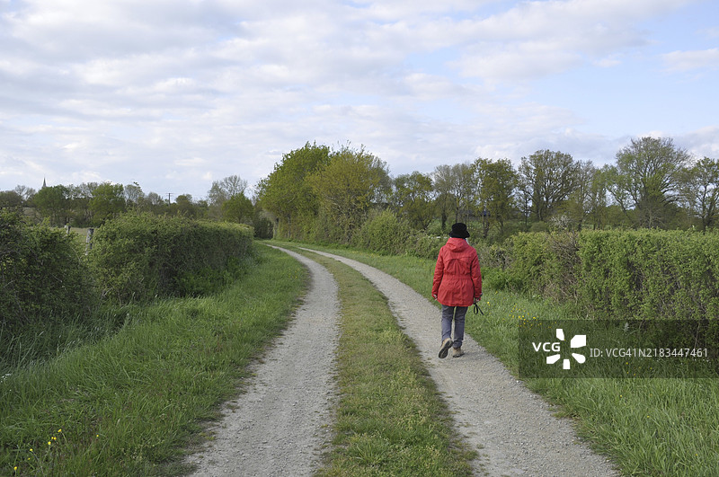 一个穿着红色外套的人沿着蜿蜒的碎石小路走，周围是绿树成荫和植物，天空多云。图片素材