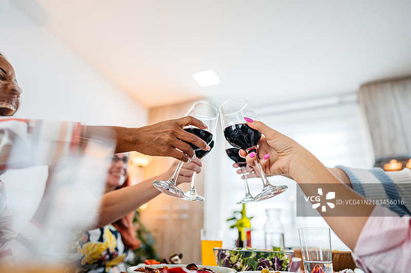 一群中年女性朋友在家中用红酒庆祝干杯，享用午餐。图片素材
