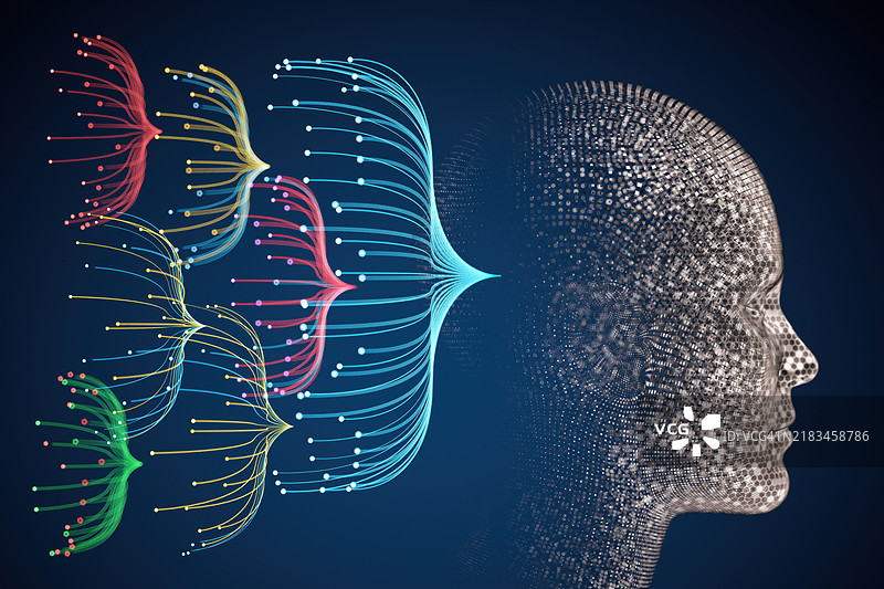 技术与人工智能或神经网络概念，带有全息人头图片素材