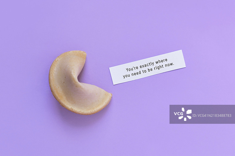 紫色背景上的幸运饼干，纸条上写着“你正处在你需要的地方”。图片素材