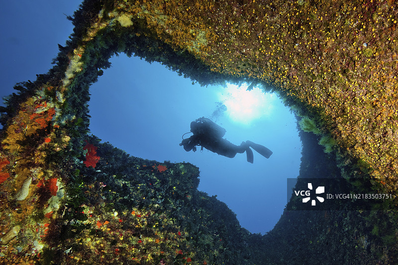 水下照片,透过岩石礁石的小隧道观察,背景中有潜水员在逆光下,阳光照射在海面上,地中海,萨丁岛,卡波特斯塔,意大利,欧洲图片素材