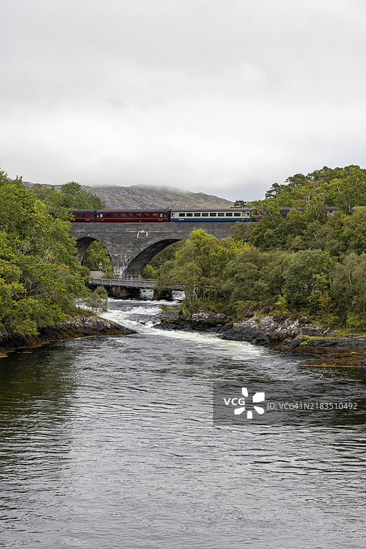 雅各比蒸汽火车，哈利·波特中的蒸汽铁路，穿越莫拉尔铁路高架桥，位于苏格兰马莱格的莫拉尔河上。图片素材