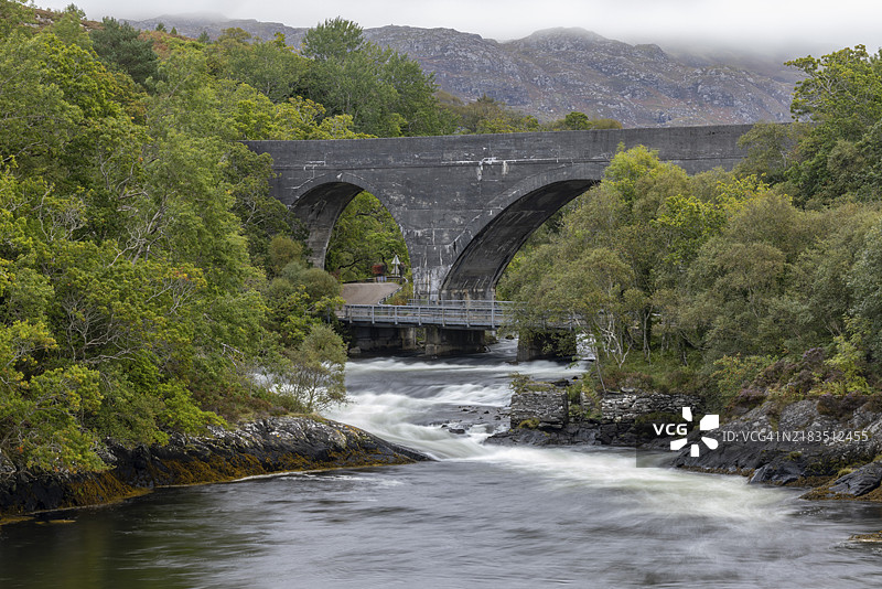 莫拉尔铁路高架桥，铁路高架桥与急流，莫拉尔，马莱格，苏格兰高地，英国图片素材