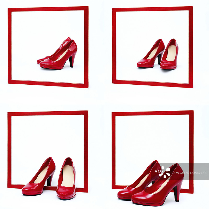 白色背景前的红色方框。拼贴画，红色高跟鞋站在框前。图片素材