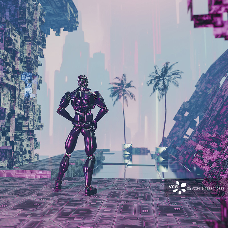 机器人站在未来城市中图片素材