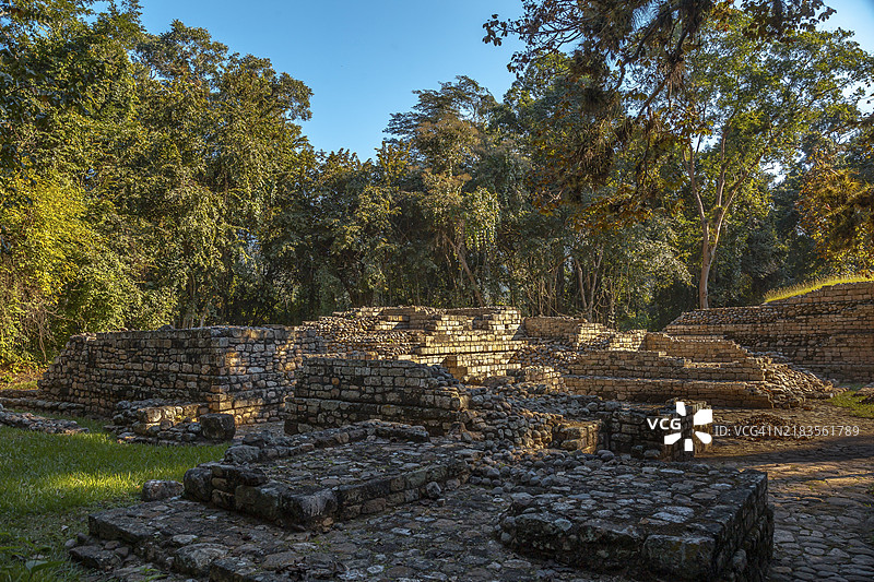 科潘遗址的庙宇及其自然环境，状况较差。洪都拉斯图片素材