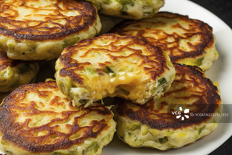 一盘新鲜烹饪的金黄色蔬菜奶酪饼图片素材