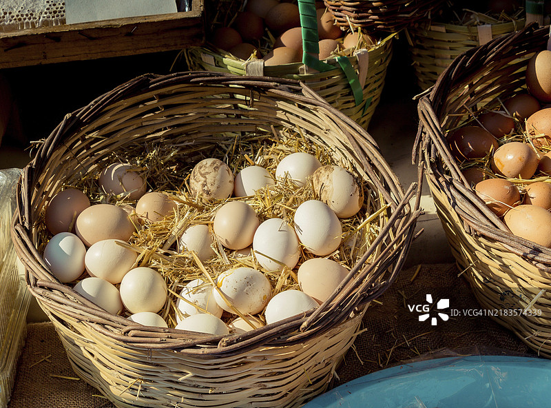 新鲜有机农场鸡蛋放在稻草篮中图片素材
