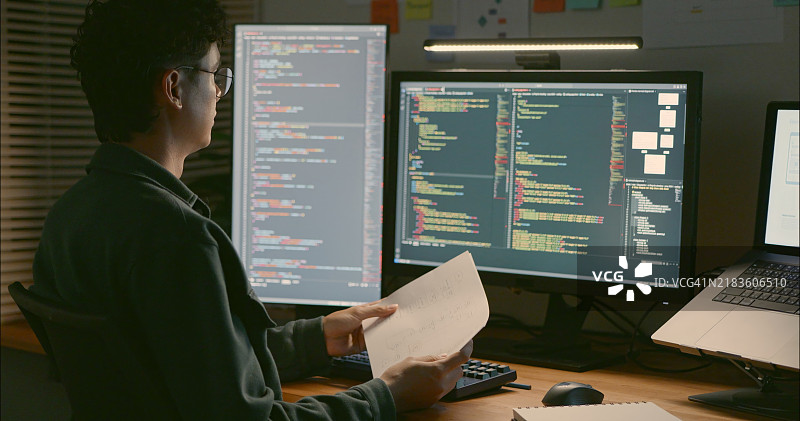 软件开发人员审查代码和图表。图片素材