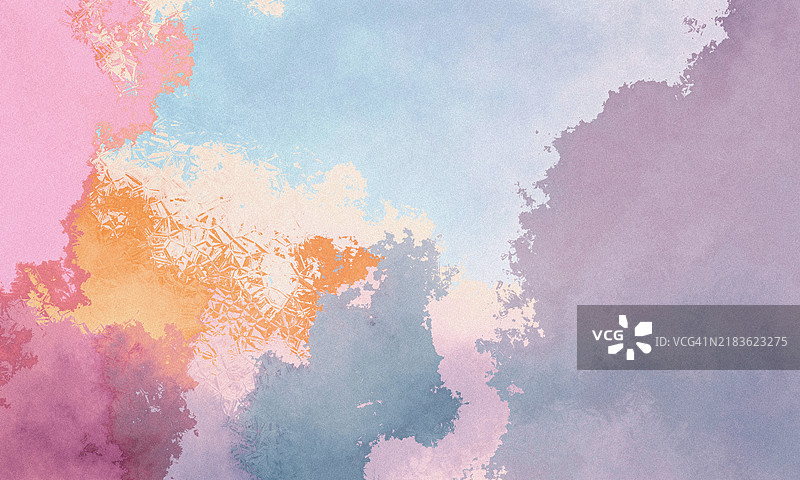 抽象水彩纹理，包含柔和的粉色、橙色、蓝色和紫色。柔和的艺术背景，具有渐变混合和纹理笔触。适用于壁纸、海报和贺卡的设计。图片素材