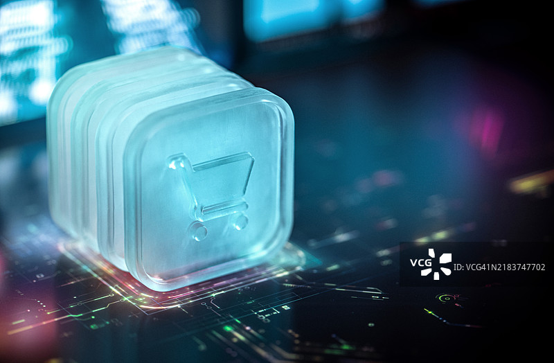 未来蓝光环境中的数字购物车图标图片素材