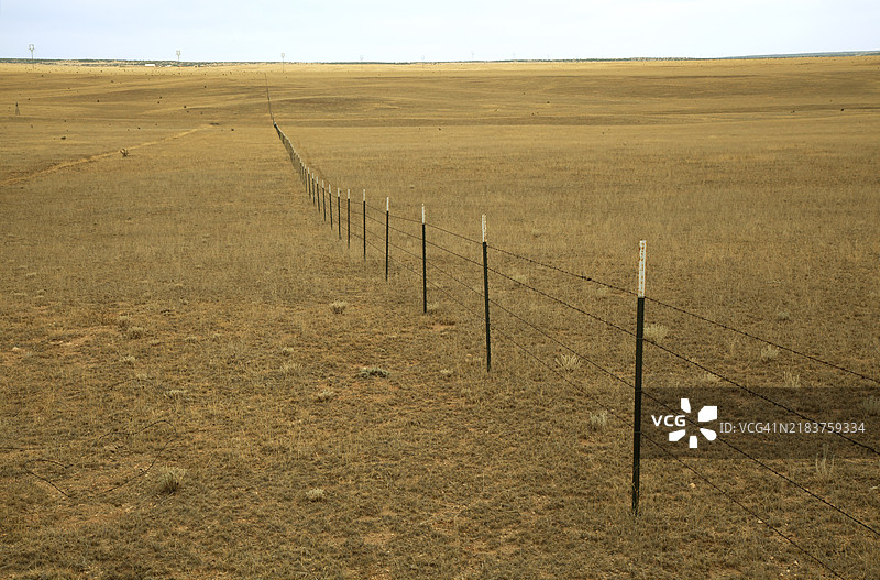 金色田野中有金属柱的铁丝网围栏。图片素材