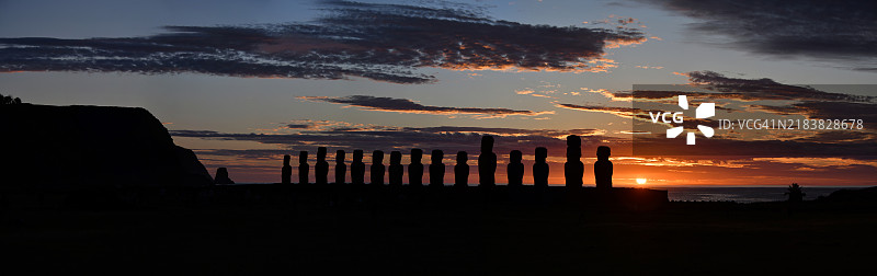 拉帕努伊（复活节岛，智利）阿胡·通卡里基的全景日出与摩艾石像图片素材