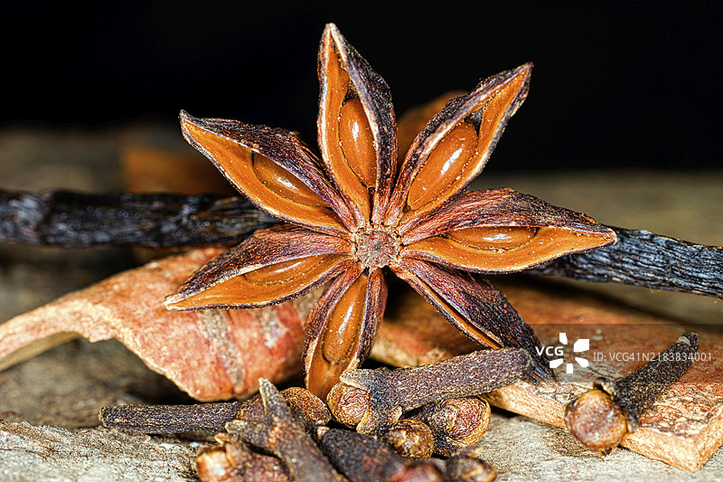 八角（Illicium verum）、香草荚、丁香（Dianthus）和肉桂树皮，黑色背景下的静物摄影图片素材