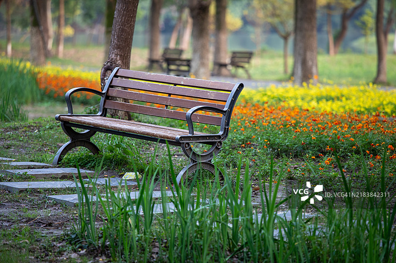 公园长椅与花卉背景。图片素材