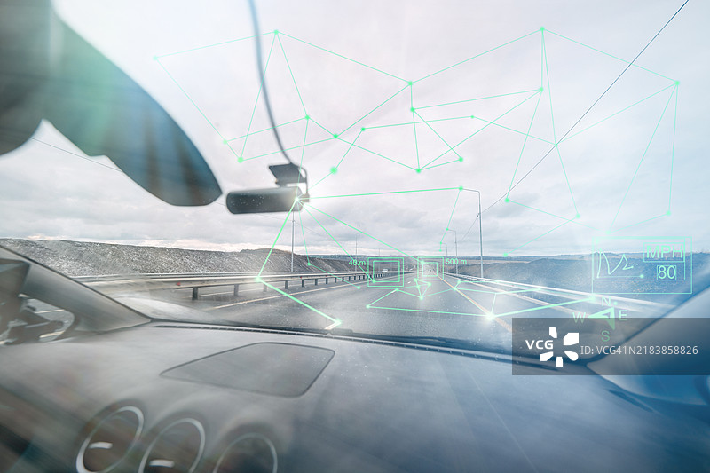 配备人工智能的视频记录仪在车内监控道路，挡风玻璃上的全息图，自动驾驶汽车的自动驾驶系统图片素材
