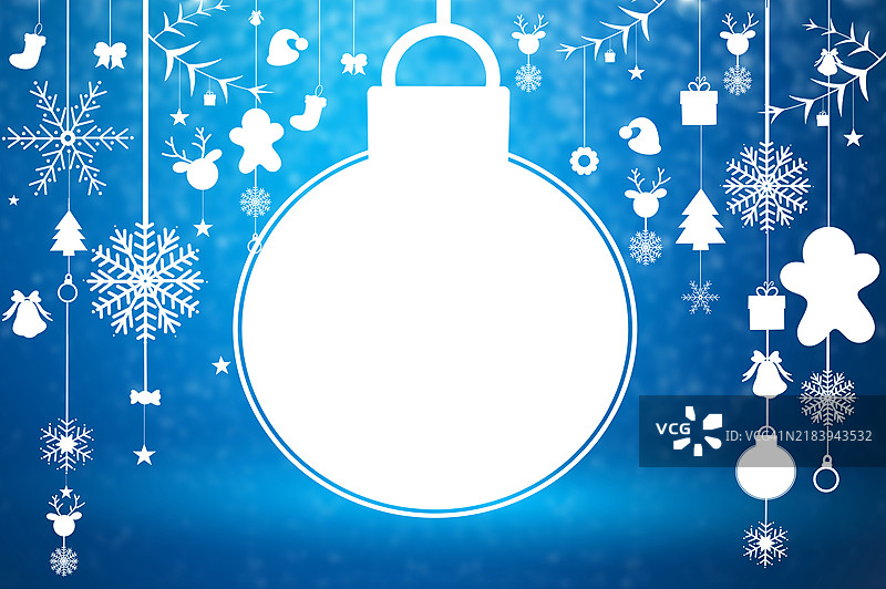 蓝色圣诞背景，白色雪花飘落，明亮的灯光作为中心亮点图片素材