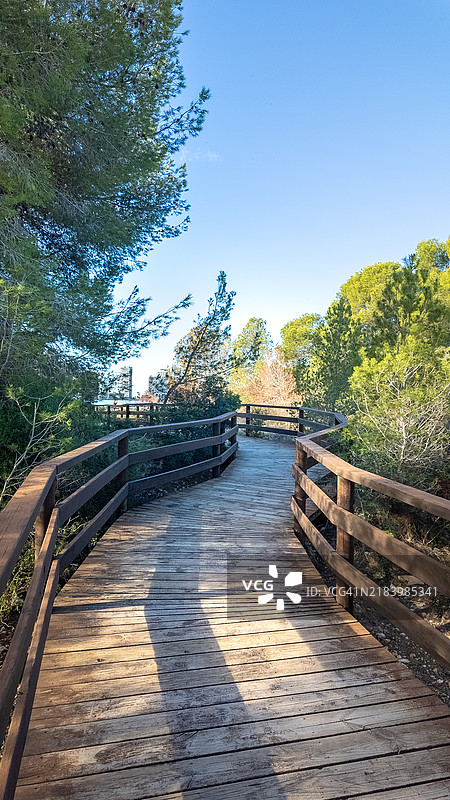 卡尔佩的步行桥：绿松树和乡村小路，安静自然的场景，没有人，位于盐田中。图片素材