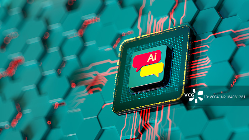 数字CPU背景上的对话气泡。聊天机器人AI - 人工智能。创新与科技数字概念。蜂窝背景。图片素材