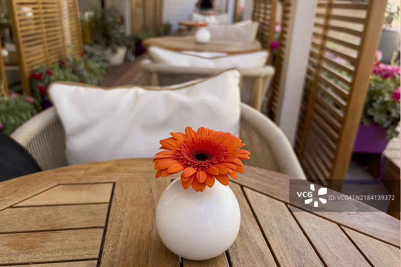 空荡荡的人行道咖啡馆，配有木质家具和一朵花的装饰图片素材