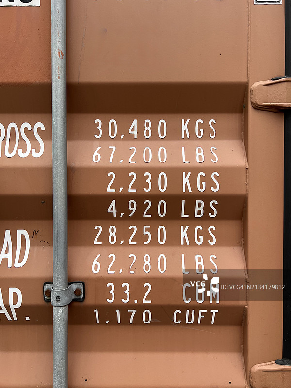 货运集装箱特写，显示重量和尺寸信息图片素材