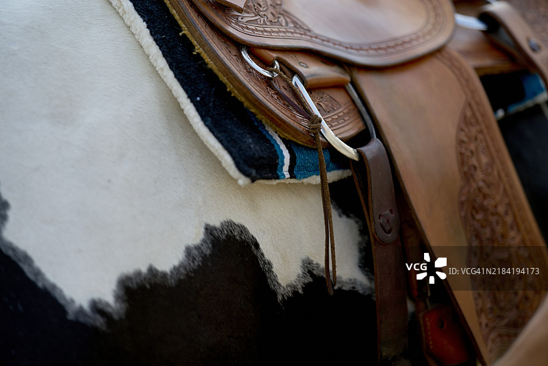 马背上细致的皮鞍特写，配有华丽的设计和黑白相间的毯子。图片素材