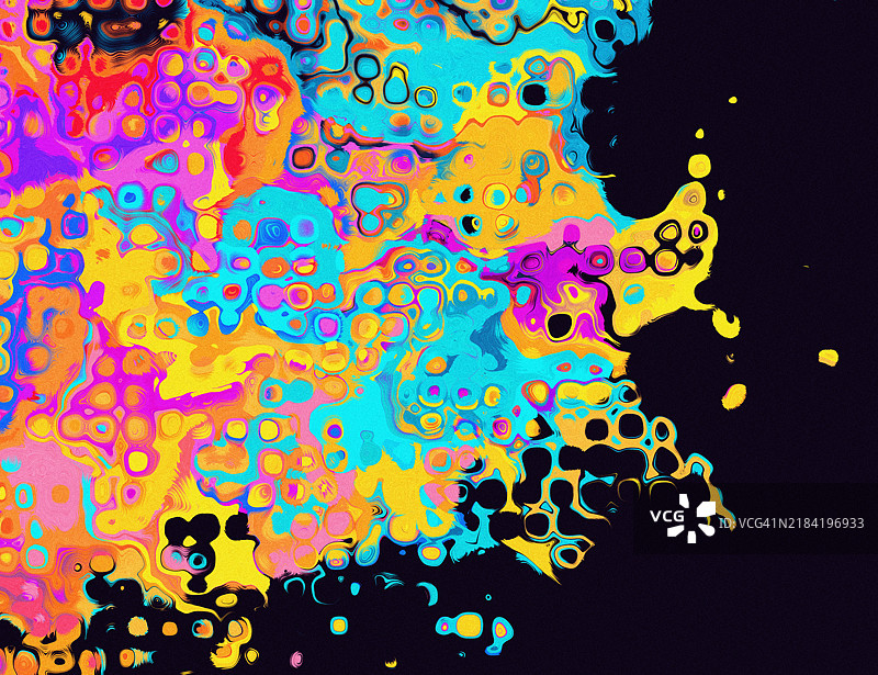 色彩斑斓的抽象飞溅，带有气泡状图案，背景为深色。一个抽象的丙烯设计，具有生动的气泡状纹理和明亮的色彩飞溅，背景为黑色噪音。图片素材