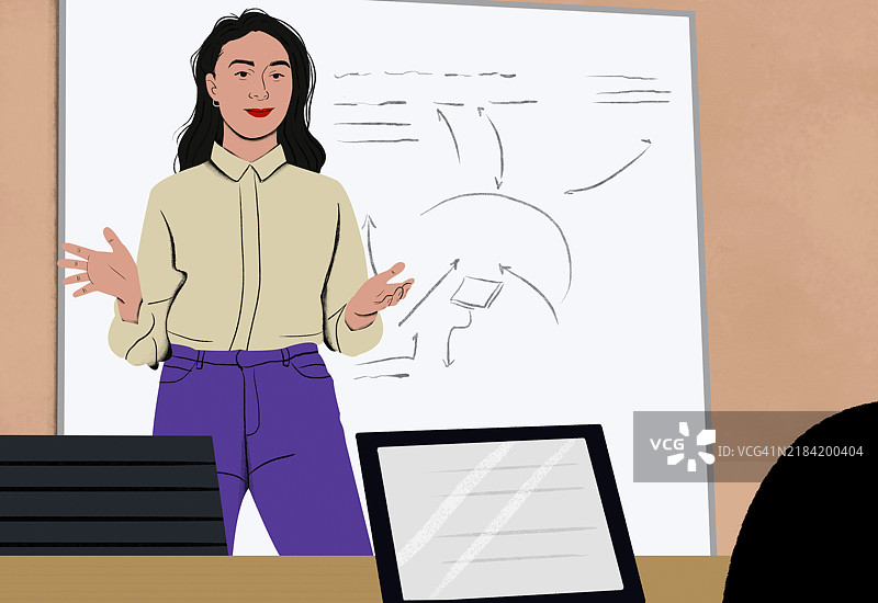 动画角色在教室里展示风能发电图表图片素材