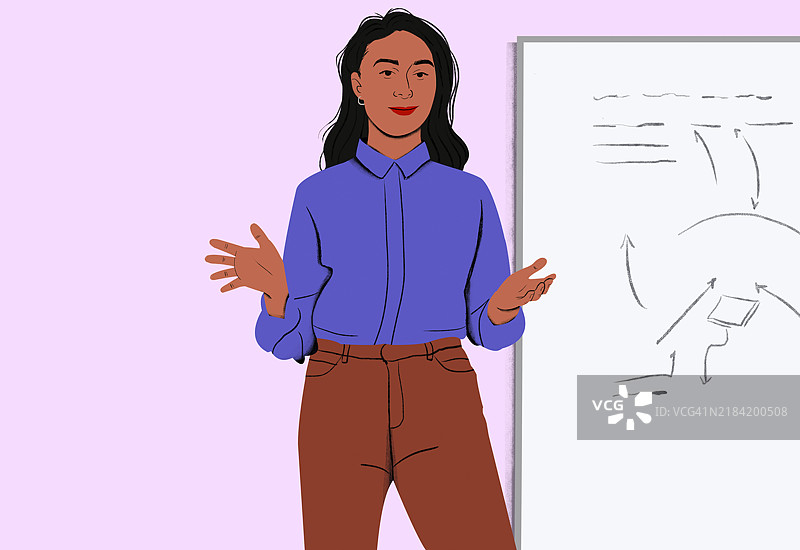 穿着蓝色上衣和棕色裤子的年轻女性站在白板旁，白板上有图画。图片素材
