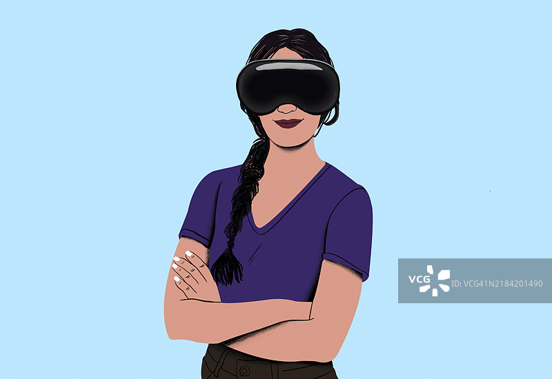 微笑的女性扎着辫子，佩戴着虚拟现实头盔，背景为蓝色。图片素材