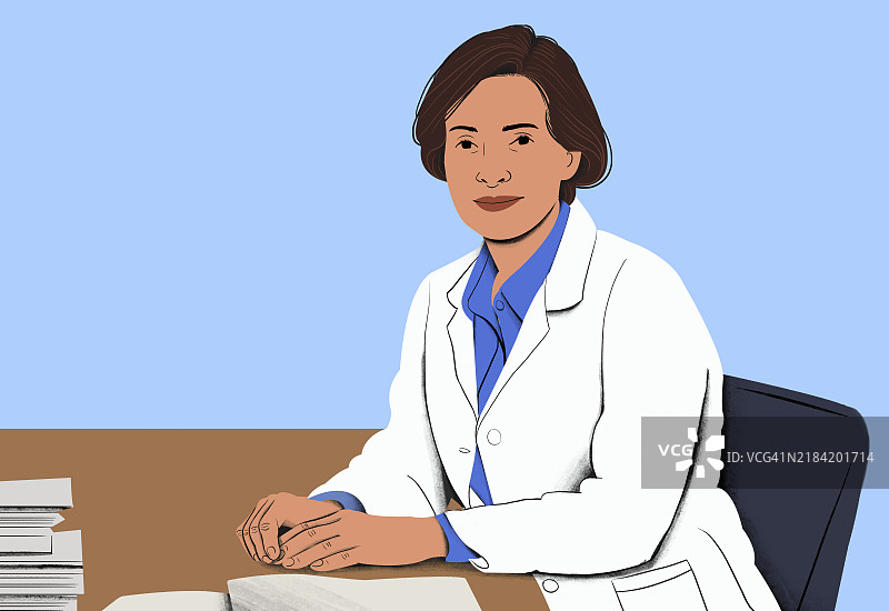 自信的医生坐在诊所办公室的桌子旁，处理文件。图片素材