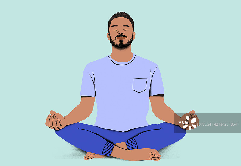 在柔和背景下，面带宁静表情的男子以莲花坐姿冥想图片素材