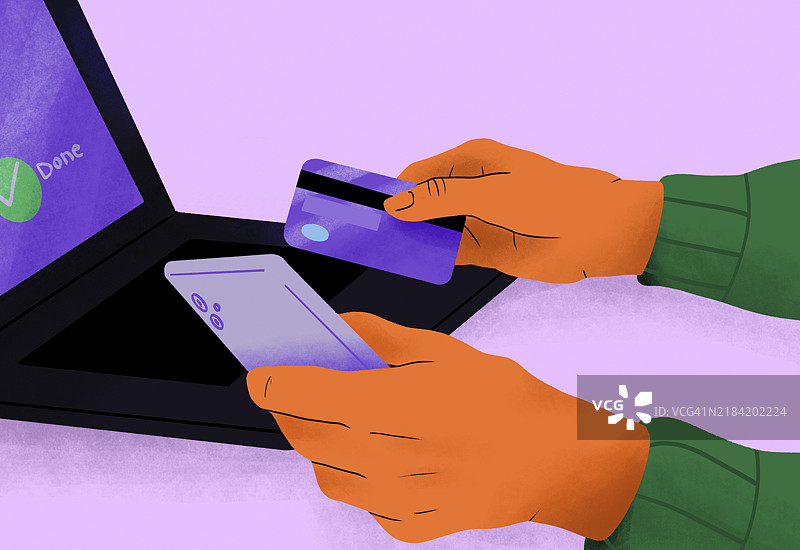 手握信用卡和显示在线支付界面的智能手机，背景为紫色。图片素材