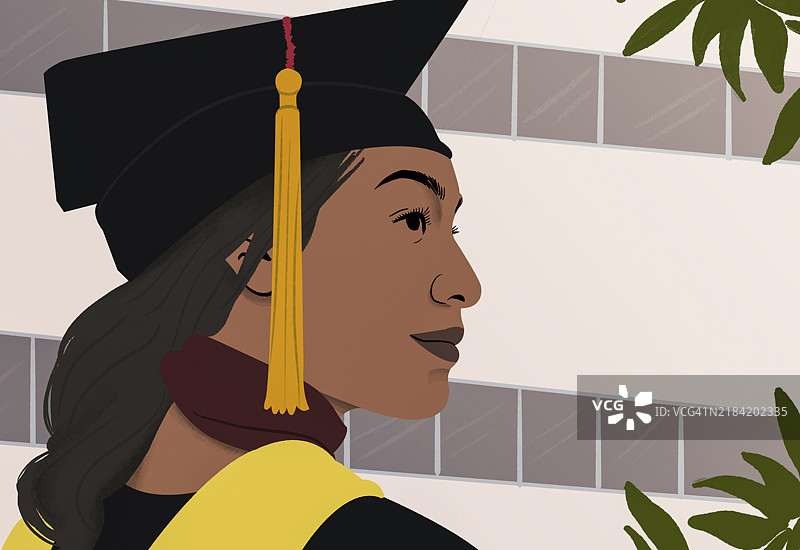 年轻毕业生侧面穿着学位服和学位帽，自信地展望未来图片素材