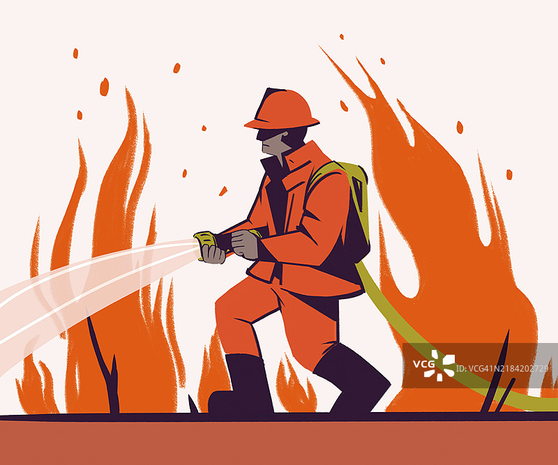 消防员在风格化插图中用水管与火焰搏斗图片素材