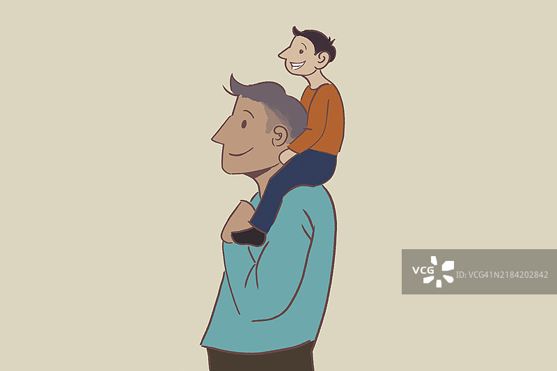 在米色背景下，微笑的男人给快乐的孩子骑背。图片素材
