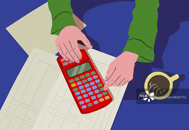 特写镜头显示双手在蓝色桌子上的文件旁使用红色计算器，旁边有一个洒出的咖啡杯。图片素材