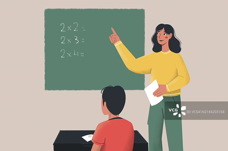 女老师指着黑板上的乘法例子，一名学生专心听讲。图片素材
