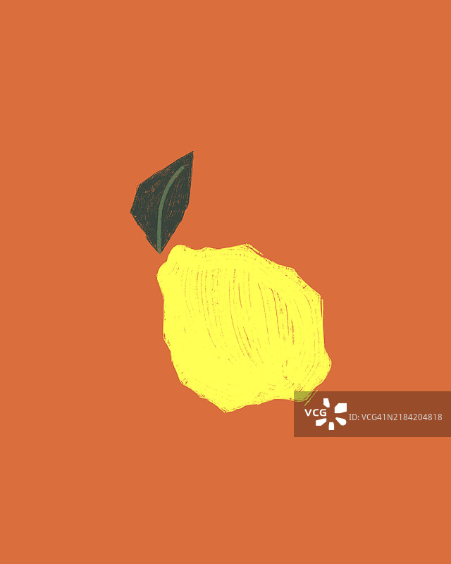 黄色涂装的水果上有一片绿色叶子，背景是鲜艳的橙色图片素材