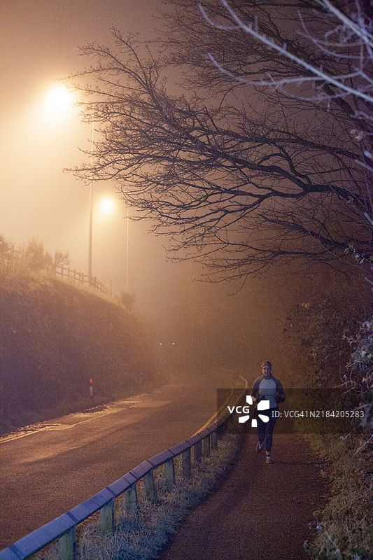 一个人在夜晚的雾霭中沿着发光的街灯跑步，头顶是一棵黑暗的光秃树。图片素材