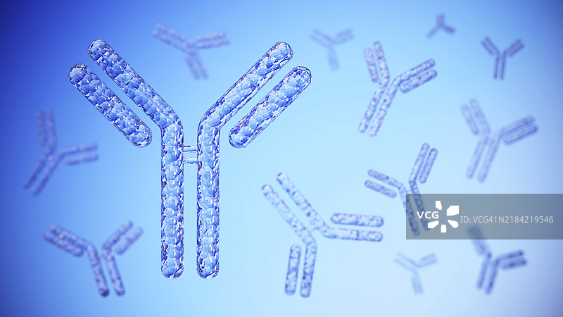 在蓝色背景下详细展示抗体的科学插图，展示其结构和功能。图片素材