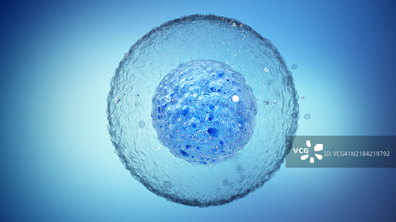 明亮蓝色背景中漂浮的蓝色细胞结构特写，展示了显微镜下的细胞生物学。图片素材