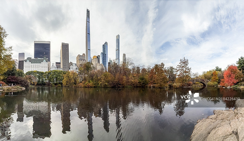中央公园湖泊和天际线的全景视图图片素材