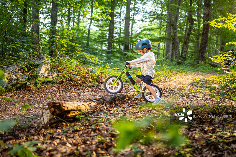 年轻男孩在秋季树林中享受平衡车骑行图片素材