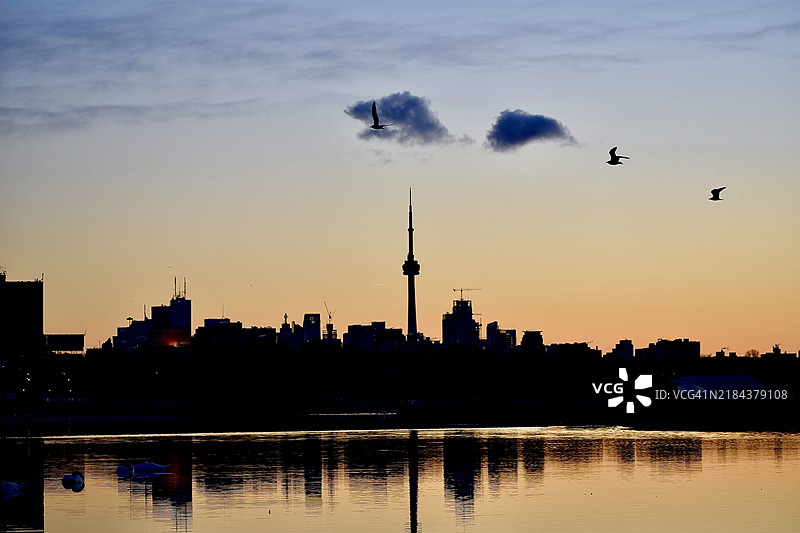 日落时分多伦多，安大略省，加拿大的城市建筑剪影图片素材