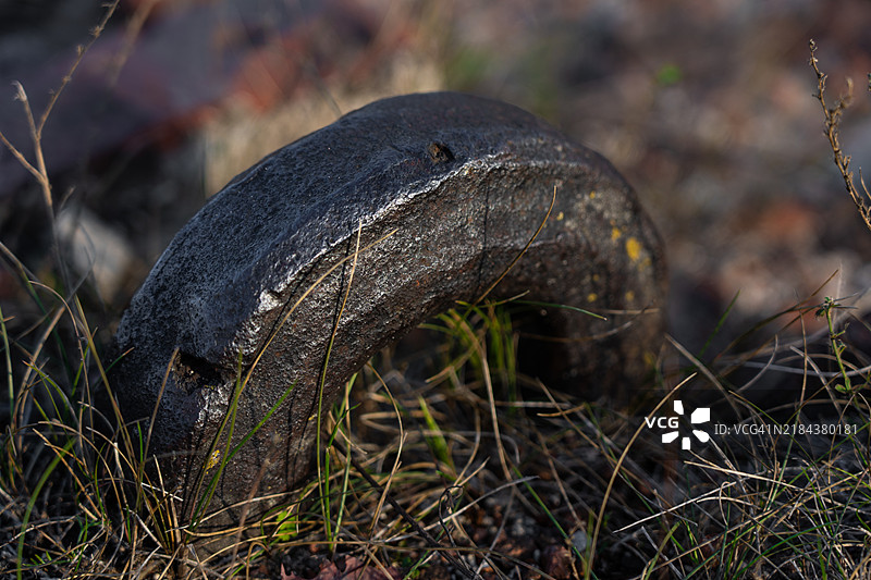 一根古老、粗厚、生锈的钩子从砖砌堡垒中伸出图片素材