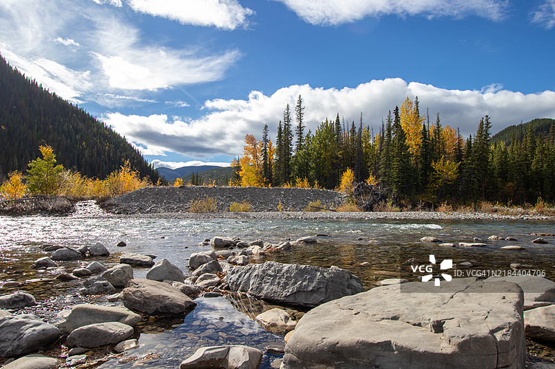 阿尔伯塔省布拉格溪的河流与天空的美丽景色图片素材