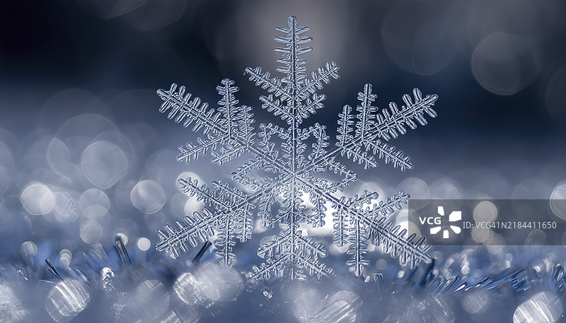 雪花的特写，细致入微，具有锐利的晶体结构和绚丽的图案图片素材