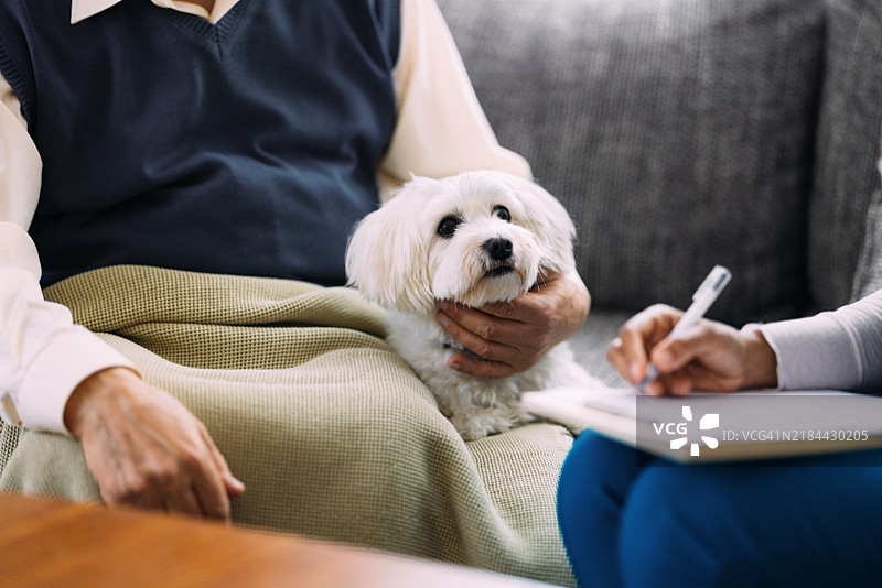 关心老人的男人在家疗法期间与狗在一起图片素材